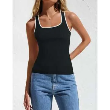ZESICA Womens Ribbed Tank Tops Square Neck Summer Sleeveless Slim Fitted Color Block Basic Knit Tee Shirts,Black,Small