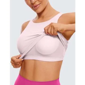 CRZ YOGA Butterluxe Womens High Neck Longline Sports Bra - U Back Padded Crop Workout Tank Top with Built in Pads Strawberry Pink X-Small