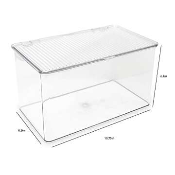 Isaac Jacobs Large Stackable Organizer Bin (10.75” x 6.5” x 6.1”) w Hinged Lid Clear Storage Box Home Office School Fridge Bathroom Kitchen Pantry Container BPAFree Food Safe (Large Clear)