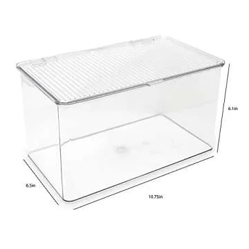 Isaac Jacobs Large Stackable Organizer Bin (10.75” x 6.5” x 6.1”) w Hinged Lid Clear Storage Box Home Office School Fridge Bathroom Kitchen Pantry Container BPAFree Food Safe (Large Clear)