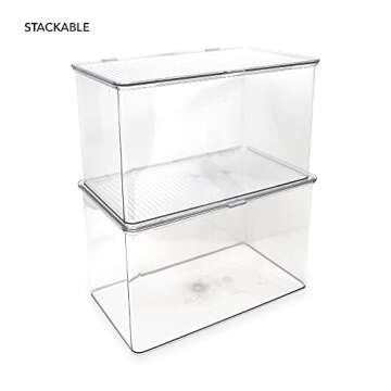Isaac Jacobs Large Stackable Organizer Bin (10.75” x 6.5” x 6.1”) w Hinged Lid Clear Storage Box Home Office School Fridge Bathroom Kitchen Pantry Container BPAFree Food Safe (Large Clear)