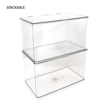 Isaac Jacobs Large Stackable Organizer Bin (10.75” x 6.5” x 6.1”) w Hinged Lid Clear Storage Box Home Office School Fridge Bathroom Kitchen Pantry Container BPAFree Food Safe (Large Clear)