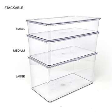 Isaac Jacobs Large Stackable Organizer Bin (10.75” x 6.5” x 6.1”) w Hinged Lid Clear Storage Box Home Office School Fridge Bathroom Kitchen Pantry Container BPAFree Food Safe (Large Clear)
