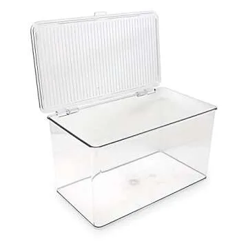 Isaac Jacobs Large Stackable Organizer Bin (10.75” x 6.5” x 6.1”) w Hinged Lid Clear Storage Box Home Office School Fridge Bathroom Kitchen Pantry Container BPAFree Food Safe (Large Clear)