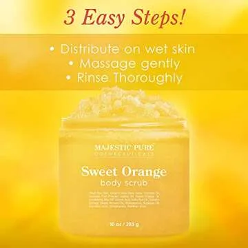 Majestic Pure Sweet Orange Body Scrub for All Natural Skin Care - Exfoliating Multi Purpose Body and Facial Scrub Moisturizes and Nourishes Face and Skin - 10 oz - Great Gift for Her