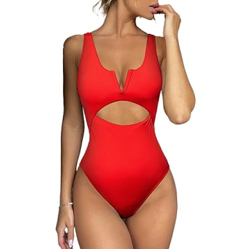 Meyeeka One Piece Bathing Suit for Women Tummy Control Womens Swimsuits High Cut Monokini XL Red