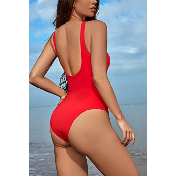 Meyeeka One Piece Bathing Suit for Women Tummy Control Womens Swimsuits High Cut Monokini XL Red