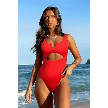 Meyeeka One Piece Bathing Suit for Women Tummy Control Womens Swimsuits High Cut Monokini XL Red