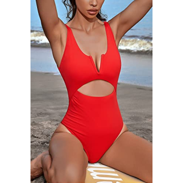 Meyeeka One Piece Bathing Suit for Women Tummy Control Womens Swimsuits High Cut Monokini XL Red