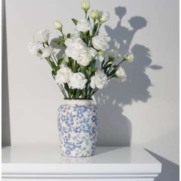 Light Blue White vase Flower Ceramic Porcelain Vintage Chinoiserie Floral French 8" H