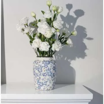 Light Blue White vase Flower Ceramic Porcelain Vintage Chinoiserie Floral French 8" H