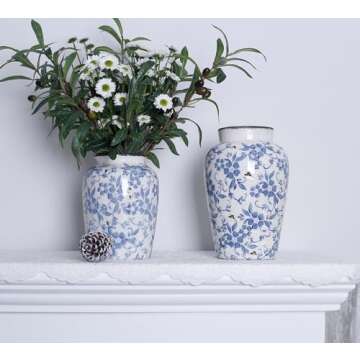 Light Blue White vase Flower Ceramic Porcelain Vintage Chinoiserie Floral French 8" H