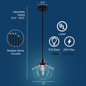 Linea di Liara Large Glass Pendant Lighting for Kitchen Island Lavagna Farmhouse Kitchen Lighting Vintage Schoolhouse Globe Matte Black Pendant Light Fixture, Clear Pendant Lamp Shade, Bulb Included