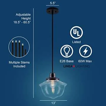 Linea di Liara Large Glass Pendant Lighting for Kitchen Island Lavagna Farmhouse Kitchen Lighting Vintage Schoolhouse Globe Matte Black Pendant Light Fixture, Clear Pendant Lamp Shade, Bulb Included