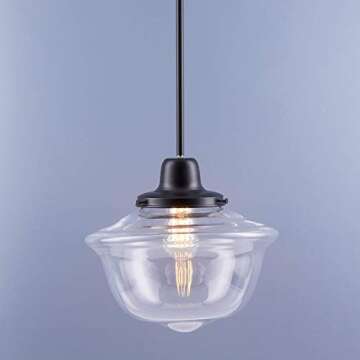 Linea di Liara Large Glass Pendant Lighting for Kitchen Island Lavagna Farmhouse Kitchen Lighting Vintage Schoolhouse Globe Matte Black Pendant Light Fixture, Clear Pendant Lamp Shade, Bulb Included