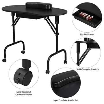 Yaheetech 37-inch Portable & Foldable Manicure Table Nail Desk Workstation with Large Drawer/Client Wrist Pad/Controllable Wheels/Carrying Case for Spa Beauty Salon Black