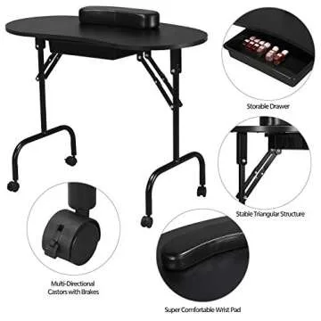 Yaheetech 37-inch Portable & Foldable Manicure Table Nail Desk Workstation with Large Drawer/Client Wrist Pad/Controllable Wheels/Carrying Case for Spa Beauty Salon Black