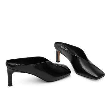 QIY Black Heels for Women Square Closed Toe Kitten Heels Mules Slip on Black Sandals Pumps Size 9.5