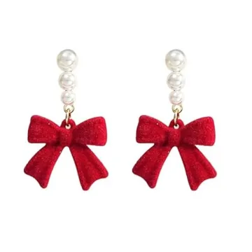 Christmas Bow Earrings for Women with Red Ball - Elegant Holiday Jewelry