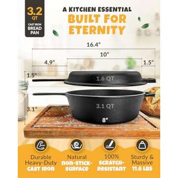 Crustlove Cast Iron Dutch Oven for Bread Baking - incl. Sourdough Bread Baking Supplies like Banneton Bread Proofing Basket - 3.2QT Cast Iron Bread Oven with Lid and handles - Bread Banking Pan