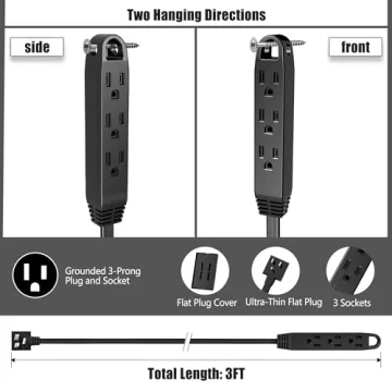 CABOCASA 3FT Ultra Flat Plug Extension Cord with 3 Outlets