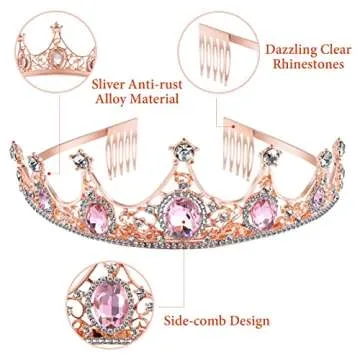 1 pack pink crown headband Rose Gold Tiara Crown Princess Tiaras for Girls Hair Accessories for Parties, Dances, Weddings, 2 4g