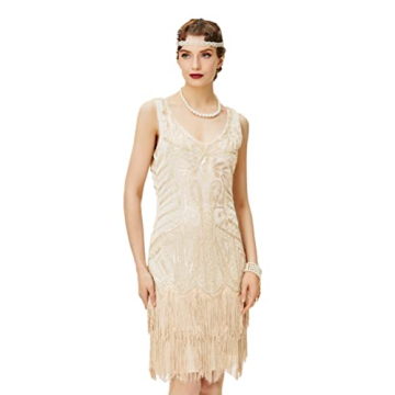 BABEYOND Women's Flapper Dress – 1920s V-Neck Beaded Fringed Great Gatsby Dress in Beige