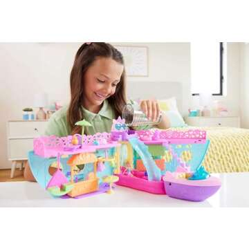 Polly Pocket Portable Boat Playset with Water Play & Color-Change Accessories, Unicorn Dream Cruise ...