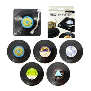 Funny Retro 6PCS Vinyl Record Coasters for Drinks with Vinyl Record Player Holder for Music Lovers with Gift Box for Music Lovers, Coasters for Drinks, Bars, Cafes, Home (M2)