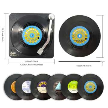 Funny Retro 6PCS Vinyl Record Coasters for Drinks with Vinyl Record Player Holder for Music Lovers with Gift Box for Music Lovers, Coasters for Drinks, Bars, Cafes, Home (M2)