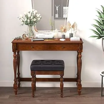 MODERION Solid Wood Computer Desk with 2 Drawers, Traditional Vanity Dressing Table, 46” Home Office Writing Desk, Workstation Easy Assembly Cherry Red Walnut BSZ1533WD