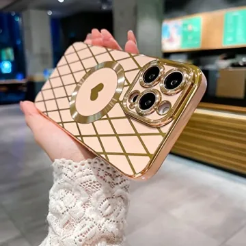 Weonmov for iPhone 14 Pro Max Case Compatible with MagSafe, Luxury Soft Rhombus Love Heart Phone Case, Full Camera Lens Protection Magnetic Case for iPhone 14 Pro Max for Women Girls (6.7") - Pink