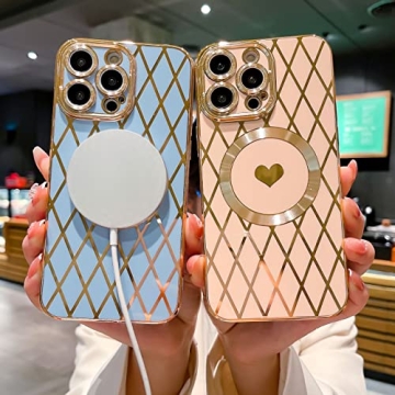 Weonmov for iPhone 14 Pro Max Case Compatible with MagSafe, Luxury Soft Rhombus Love Heart Phone Case, Full Camera Lens Protection Magnetic Case for iPhone 14 Pro Max for Women Girls (6.7") - Pink