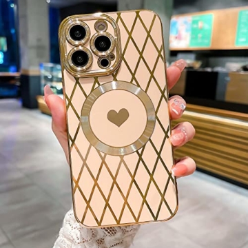 Weonmov for iPhone 14 Pro Max Case Compatible with MagSafe, Luxury Soft Rhombus Love Heart Phone Case, Full Camera Lens Protection Magnetic Case for iPhone 14 Pro Max for Women Girls (6.7") - Pink