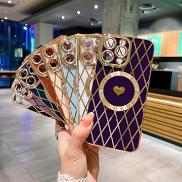 Weonmov for iPhone 14 Pro Max Case Compatible with MagSafe, Luxury Soft Rhombus Love Heart Phone Case, Full Camera Lens Protection Magnetic Case for iPhone 14 Pro Max for Women Girls (6.7") - Pink