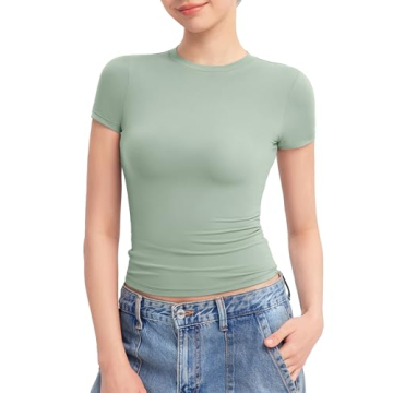 PUMIEY Women’s Y2K Slim Fit Short Sleeve Crop Top in Sage, Medium