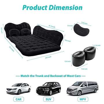 Inflatable Car Air Mattress for Camping, Travel, Portable SUV Back Seat Bed with Pump, Pillows, Car Sleeping Pad for Truck, Vacation, Blow-Up Flitaing Bed, Floating Bed, Thickened Flocking(BLACK)