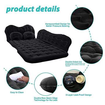 Inflatable Car Air Mattress for Camping, Travel, Portable SUV Back Seat Bed with Pump, Pillows, Car Sleeping Pad for Truck, Vacation, Blow-Up Flitaing Bed, Floating Bed, Thickened Flocking(BLACK)