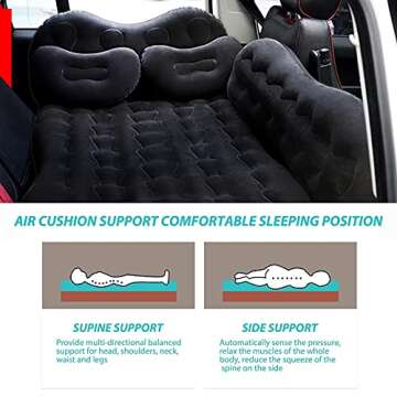 Inflatable Car Air Mattress for Camping, Travel, Portable SUV Back Seat Bed with Pump, Pillows, Car Sleeping Pad for Truck, Vacation, Blow-Up Flitaing Bed, Floating Bed, Thickened Flocking(BLACK)