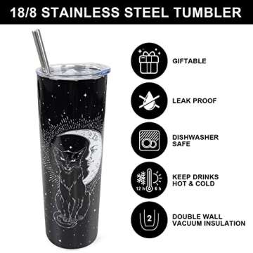 XAIVEZL Cat Tumbler - Goth Tumbler Gifts - Black Cute Cat Mug Gifts - Witchy Gifts for Women - 20 oz Cat Skinny Stainless Steel Tumblers with Lid and Straw Cat Mugs
