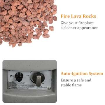 yoyomax 2-Piece Outdoor Propane Fire Pit Table Set w/Tank Cover Table, 25-inch 50,000 BTU CSA Certification Bowl Concrete Firepit with Lava Rocks, Waterproof Cover, White