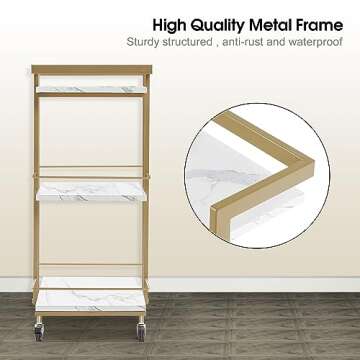 BarberPub Utility Salon Trolley, Metal Storage Rolling Barber Cart with Wheels, Golden Esthetician Cart, Multi-Purpose 3-Tier Mobile Facial Trolley, Nail Cart Organizer 2033 (White)