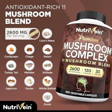 Nutrivein Mushroom Supplement - 2600mg 120 Capsules - 11 Organic Mushrooms - Lions Mane, Cordyceps, Chaga, Reishi, Turkey Tail, Maitake, Shiitake, Agaricus, White Button, Oyster - Nootropic Complex