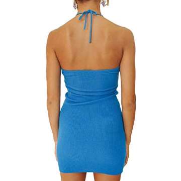 Votuleazi Women Bodycon Kintted Dress Sexy Halter Criss Cross Y2K 90s E-Girl Mini Dress Summer Party Streetwear Clothes, Blue-a, Small