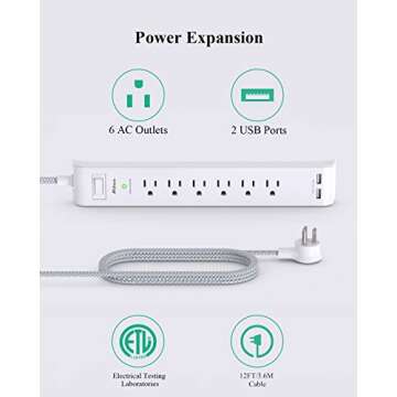 2 Pack Power Strip, 12FT Long Extension Cord, Surge Protector with 6 Outlets and 2 USB Charging Port...