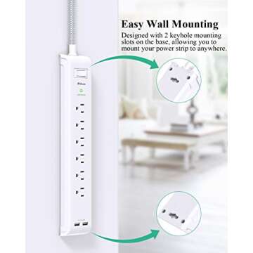 2 Pack Power Strip, 12FT Long Extension Cord, Surge Protector with 6 Outlets and 2 USB Charging Ports, Flat Plug Overload Protection, Extension Cord 10+ ft, Wall Mount for Home Office Dorm College