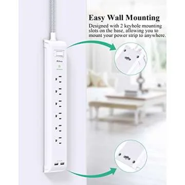 2 Pack Power Strip, 12FT Long Extension Cord, Surge Protector with 6 Outlets and 2 USB Charging Ports, Flat Plug Overload Protection, Extension Cord 10+ ft, Wall Mount for Home Office Dorm College