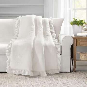 Lush Decor Reyna Soft Ruffle Throw Blanket, 50" W x 60" L, White - Modern Farmhouse Ruffle Blanket -...
