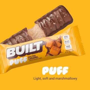 BUILT Puffs Protein Bars, Salted Caramel Puff, High Protein Bars, 17g High Protein Snacks, On-The-Go Bars, only 140 Calories, 6g Sugar, Collagen, Gluten Free, 12 Count