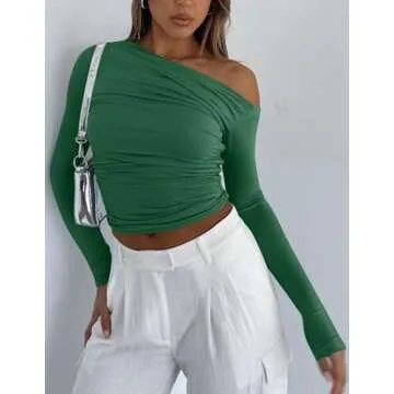 Zeagoo Womens Long Sleeve Off The Shoulder Casual Crop Tops Boat Neck Going Out Slim Fit Y2K T Shirts 2024 Light Green